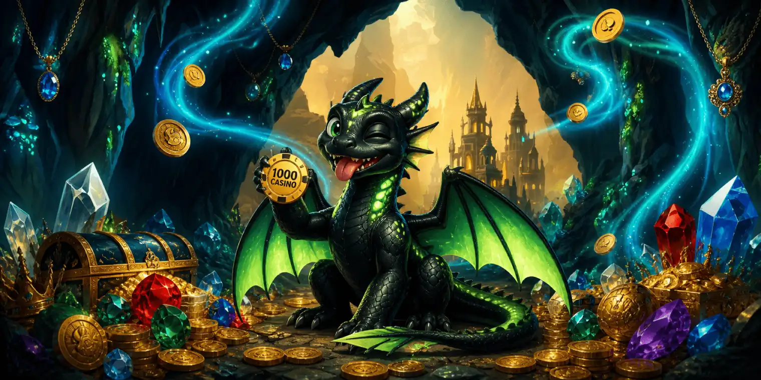 Schwarzer Drache mit goldenen Akzenten und Goldmünzen – Drakaris Willkommensbonus Banner